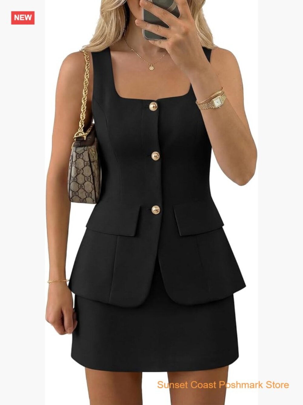 Sleeveless Button Up Blazer Vest Top & Skirt Set
